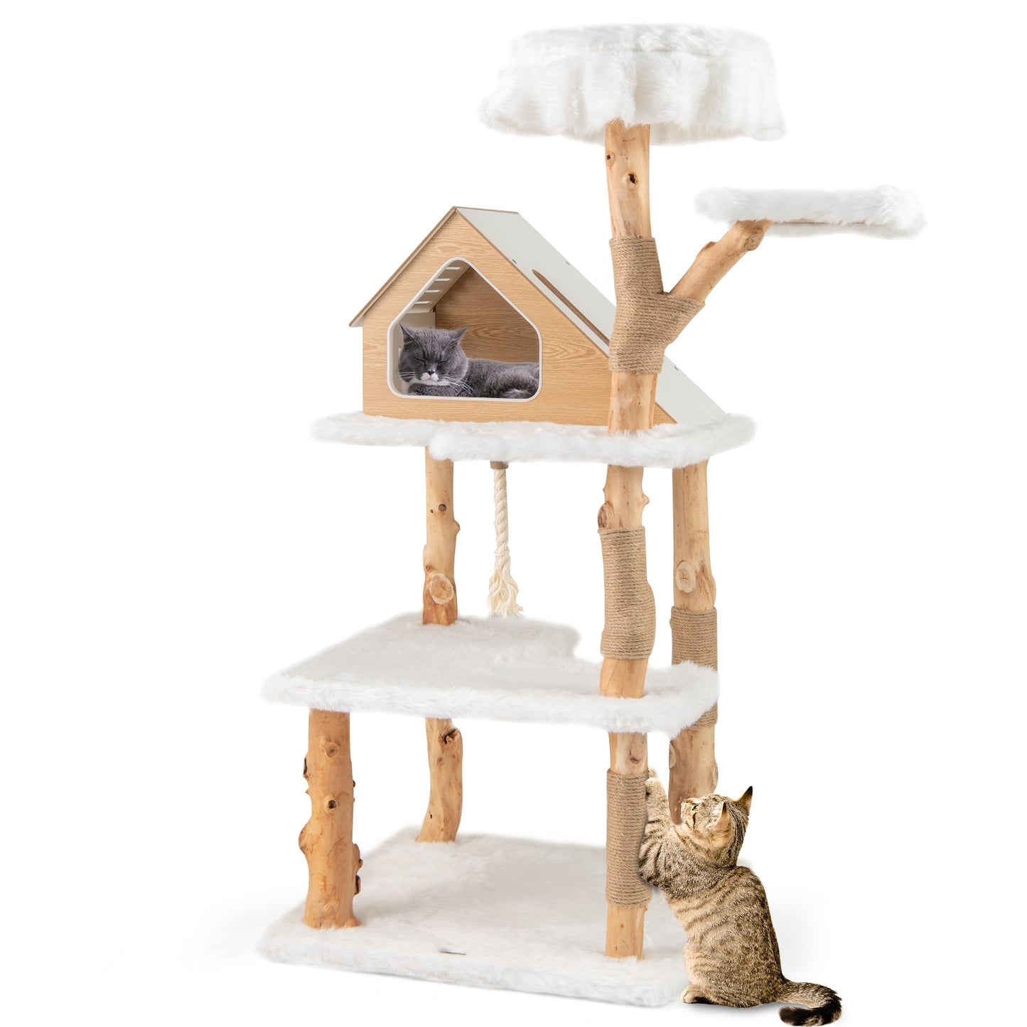 60 Inch Tall Solid Wood Cat Tree Modern Wooden Cat Tower with 2 Perches, White Cat Trees Condos & Scratchers at Gallery Canada