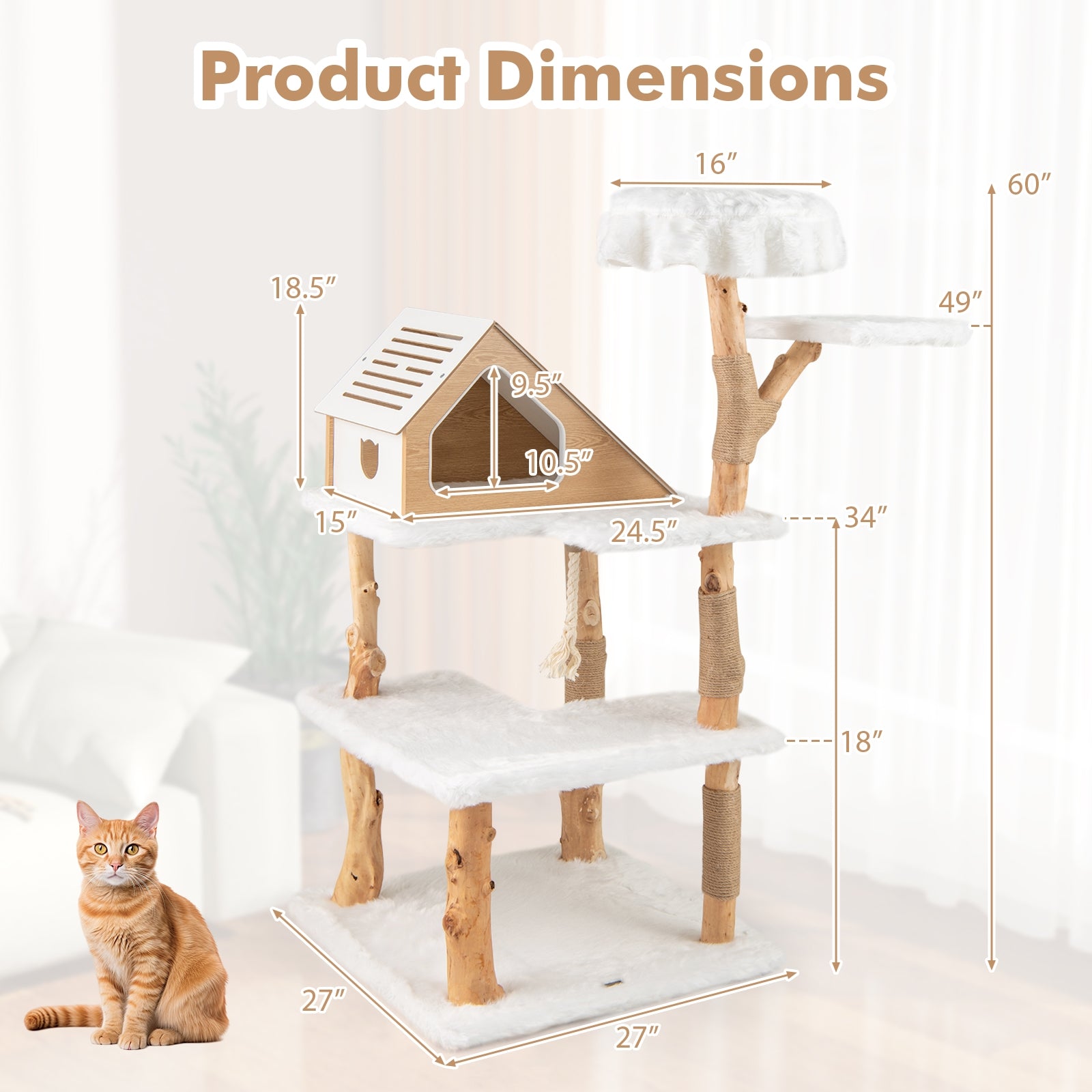 60 Inch Tall Solid Wood Cat Tree Modern Wooden Cat Tower with 2 Perches, White Cat Trees Condos & Scratchers at Gallery Canada