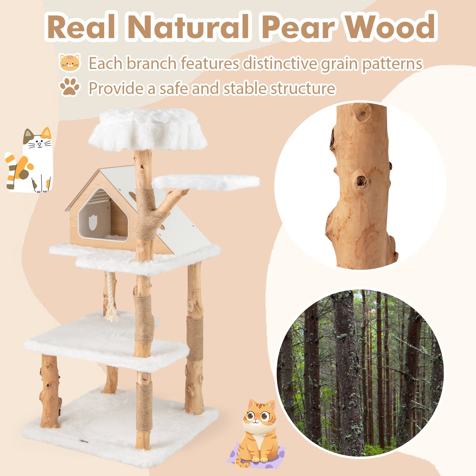 60 Inch Tall Solid Wood Cat Tree Modern Wooden Cat Tower with 2 Perches, White Cat Trees Condos & Scratchers at Gallery Canada