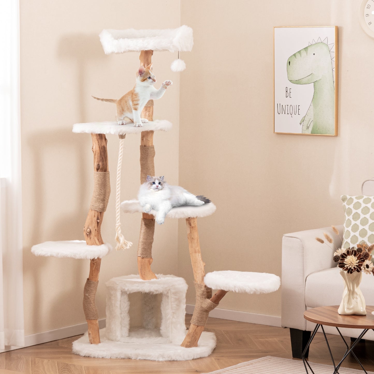 66 Inch Tall Solid Wood Cat Tree Modern Wooden Cat Tower with Perch, White Cat Trees Condos & Scratchers at Gallery Canada
