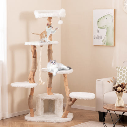 66 Inch Tall Solid Wood Cat Tree Modern Wooden Cat Tower with Perch, White Cat Trees Condos & Scratchers at Gallery Canada