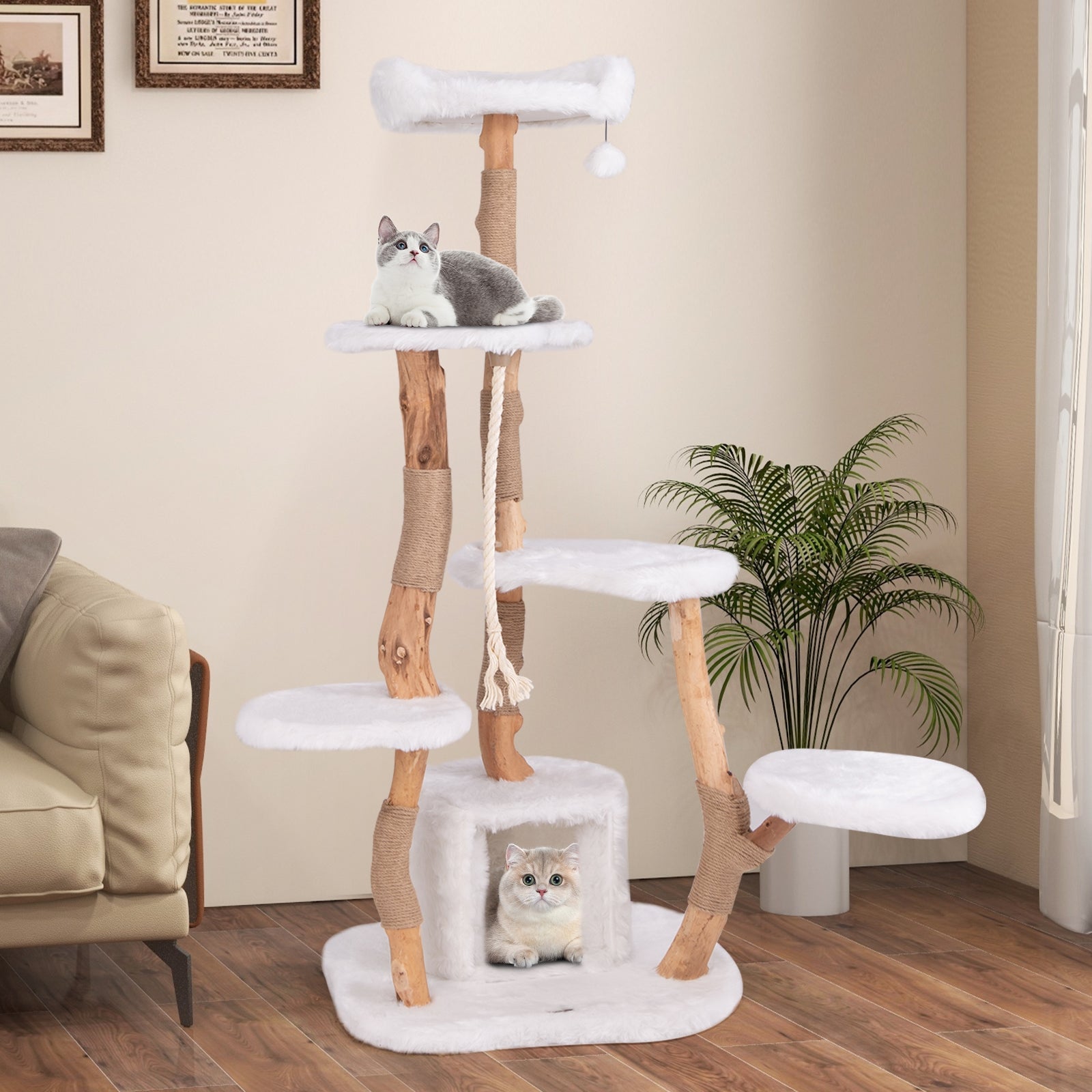 66 Inch Tall Solid Wood Cat Tree Modern Wooden Cat Tower with Perch, White Cat Trees Condos & Scratchers at Gallery Canada