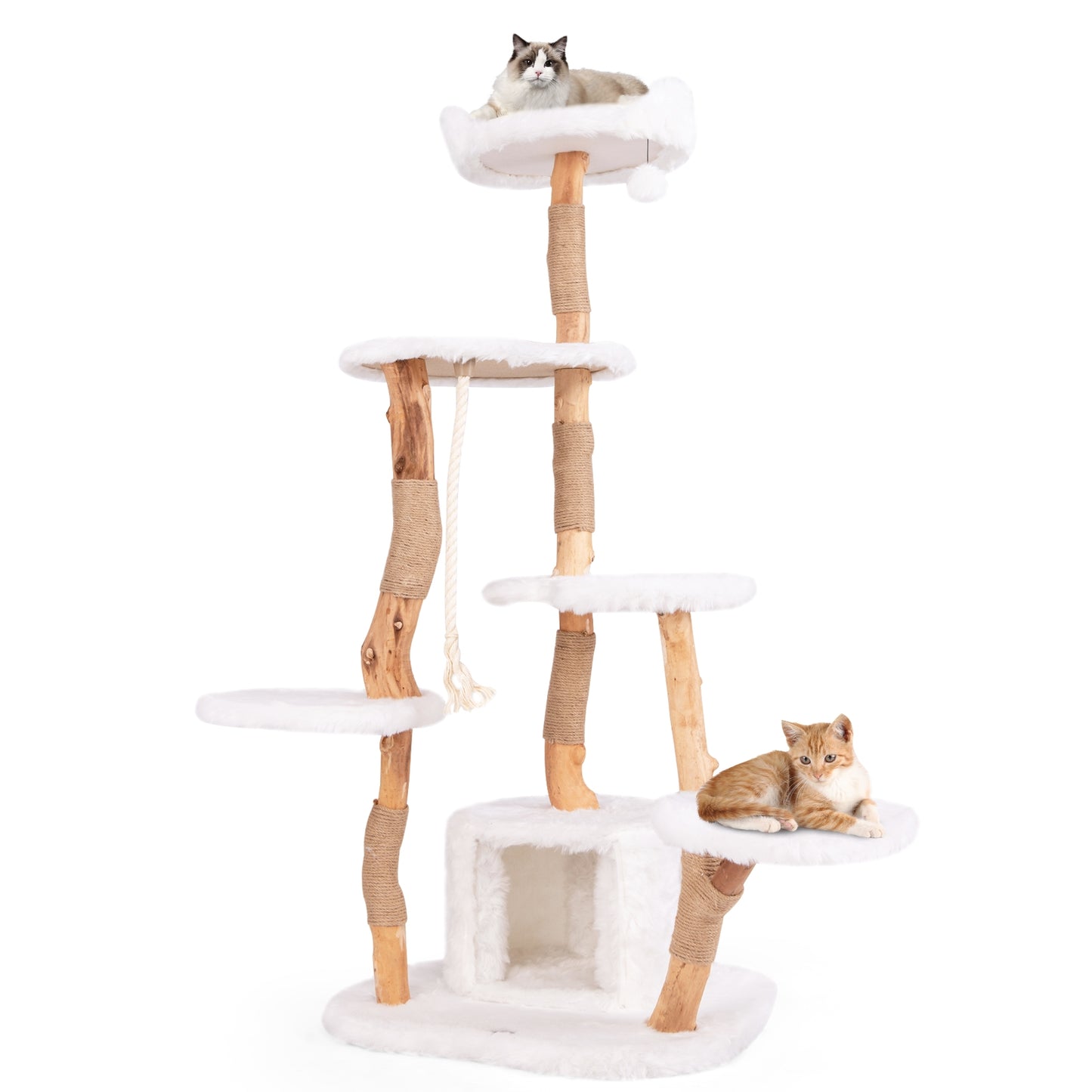 66 Pouces Arbre à Chat en Bois Massif, Tour Moderne en Bois Avec Perchoir, Blanc