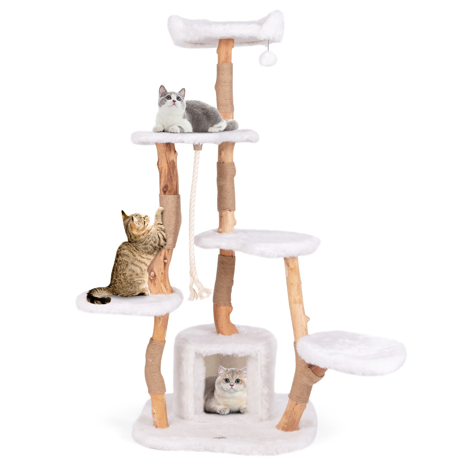 66 Inch Tall Solid Wood Cat Tree Modern Wooden Cat Tower with Perch, White Cat Trees Condos & Scratchers at Gallery Canada