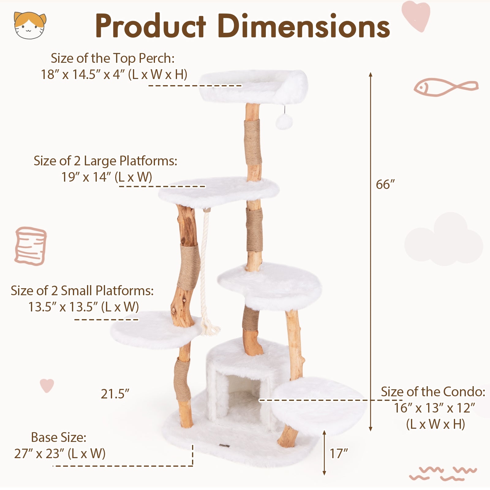 66 Inch Tall Solid Wood Cat Tree Modern Wooden Cat Tower with Perch, White Cat Trees Condos & Scratchers at Gallery Canada