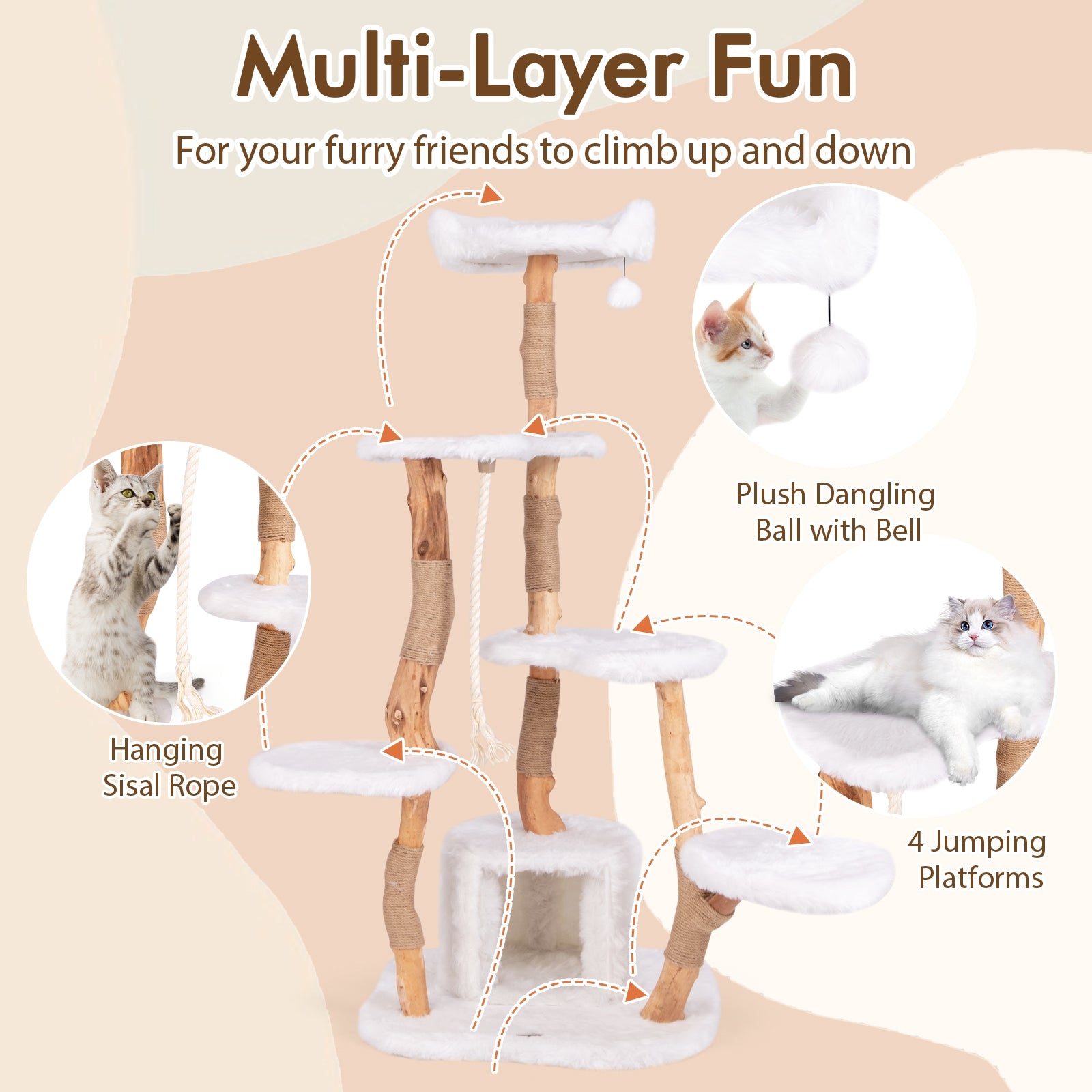66 Inch Tall Solid Wood Cat Tree Modern Wooden Cat Tower with Perch, White Cat Trees Condos & Scratchers at Gallery Canada