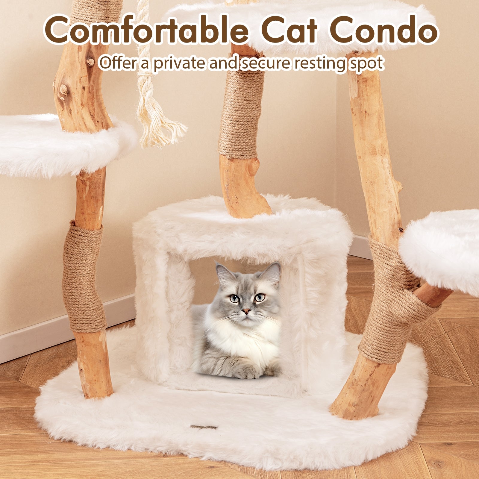 66 Inch Tall Solid Wood Cat Tree Modern Wooden Cat Tower with Perch, White Cat Trees Condos & Scratchers at Gallery Canada