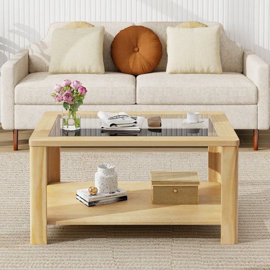 2-Tier Coffee Table Rectangular Center Table with Tempered Glass Tabletop and Storage Shelf, Natural Coffee Tables Natural at Gallery Canada