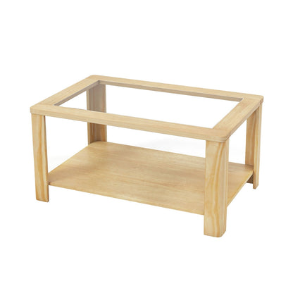 Table basse rectangulaire à 2 niveaux, Plateau en verre trempé, Étagère de rangement, Naturel