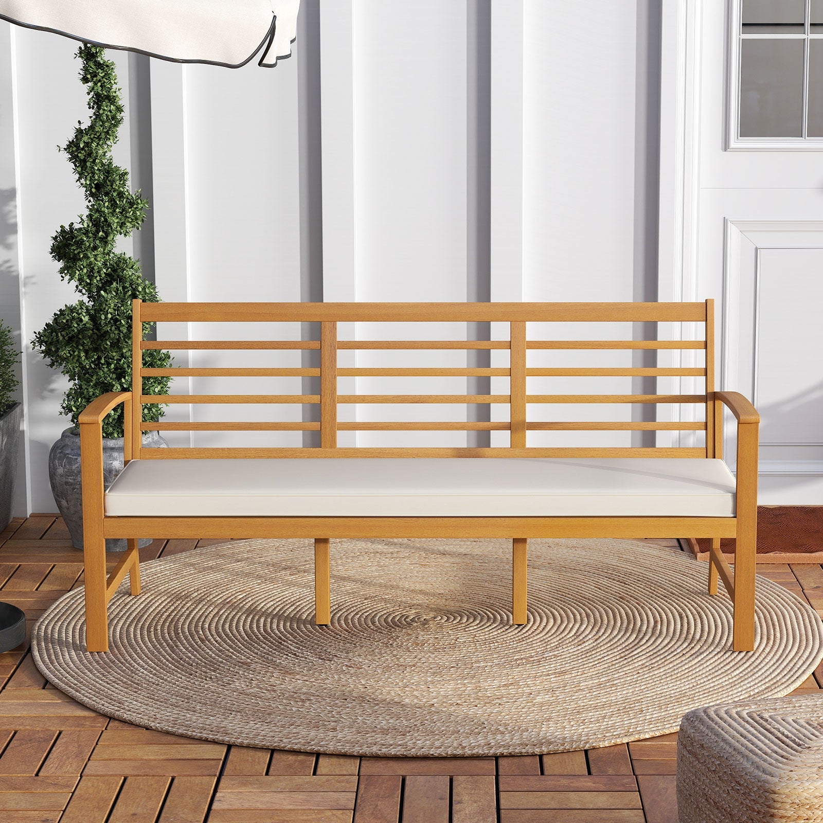 Patio 64 Inch Wood Bench with Seat Cushion and Slatted Seat for Backyard, Off White Beach & Lawn Chairs at Gallery Canada