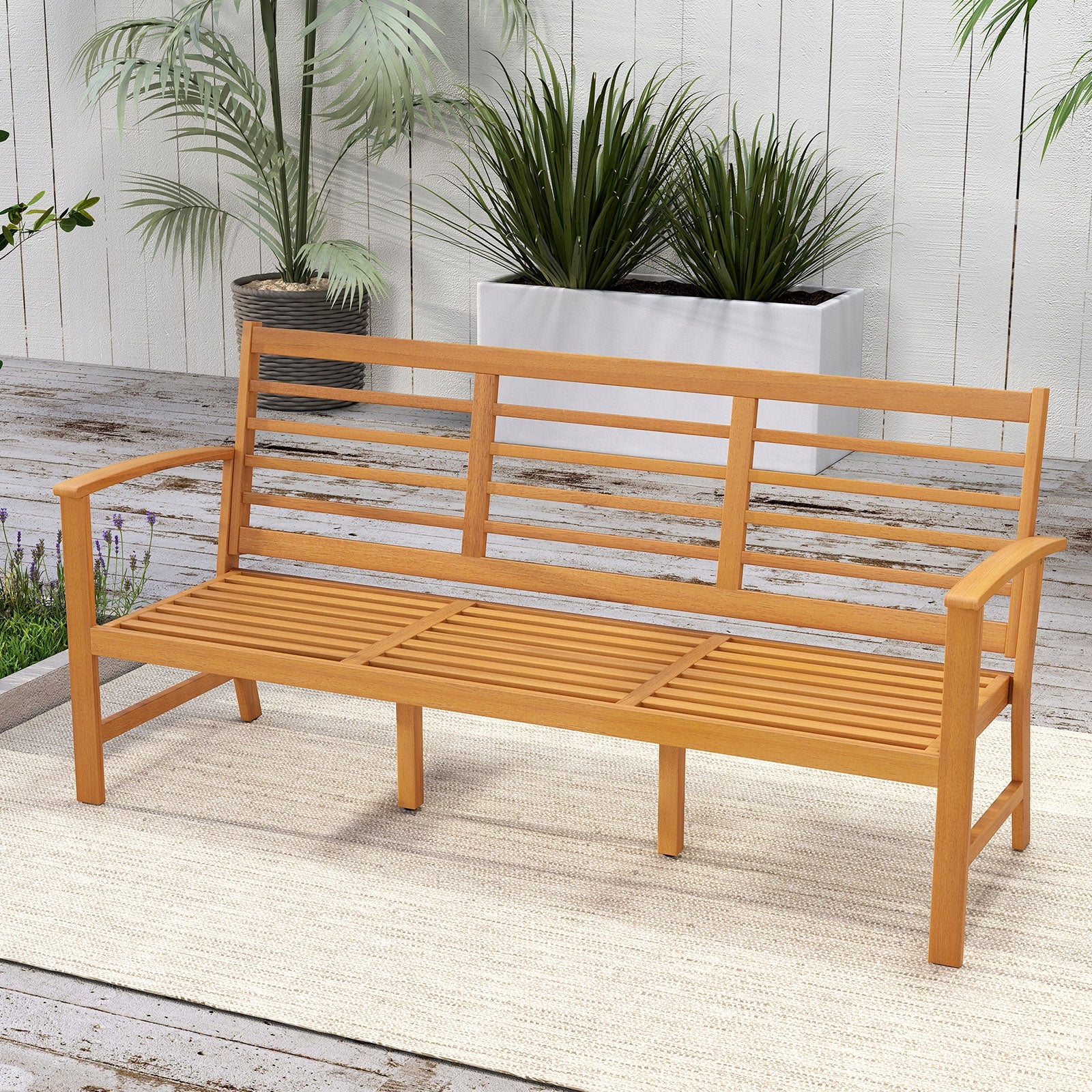 Patio 64 Inch Wood Bench with Seat Cushion and Slatted Seat for Backyard, Off White Beach & Lawn Chairs at Gallery Canada
