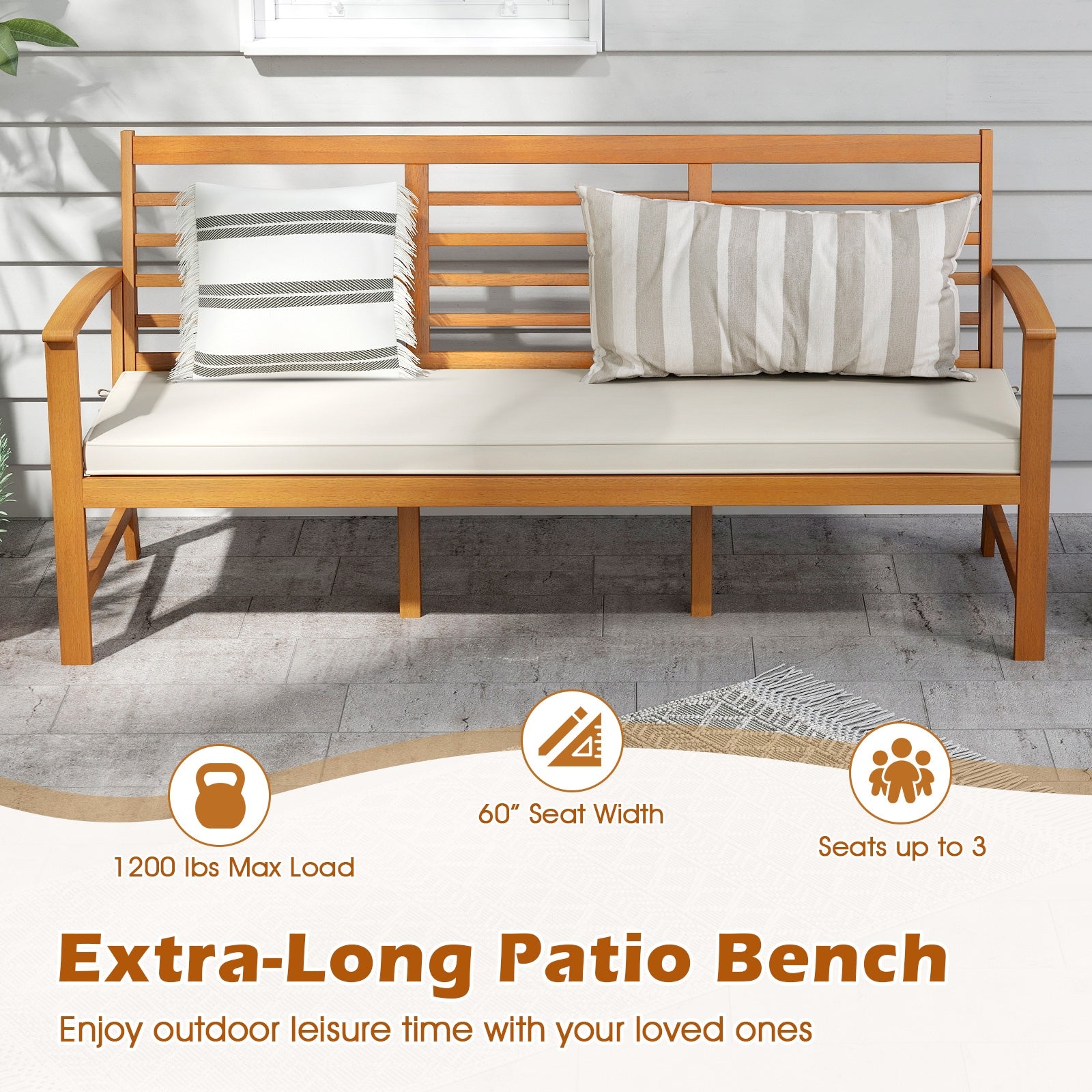 Patio 64 Inch Wood Bench with Seat Cushion and Slatted Seat for Backyard, Off White Beach & Lawn Chairs at Gallery Canada