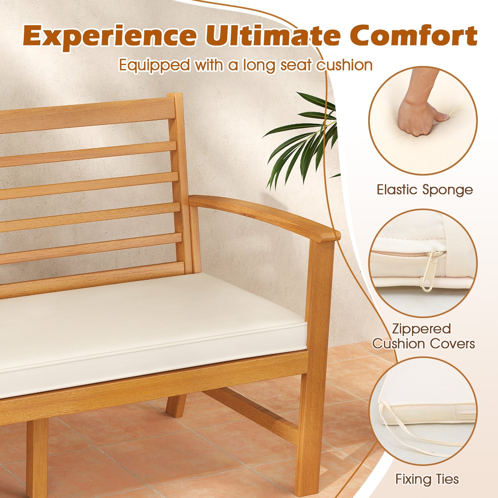 Patio 64 Inch Wood Bench with Seat Cushion and Slatted Seat for Backyard, Off White Beach & Lawn Chairs at Gallery Canada