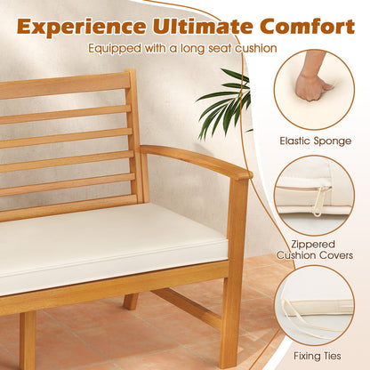 Patio 64 Inch Wood Bench with Seat Cushion and Slatted Seat for Backyard, Off White Beach & Lawn Chairs at Gallery Canada
