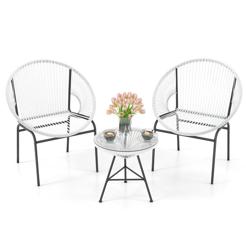 3 Pieces Patio Acapulco Furniture Bistro Set with Glass Table, White