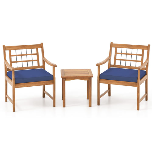 3 Piece Wood Patio Set, Acacia Frame, Cushions, Navy