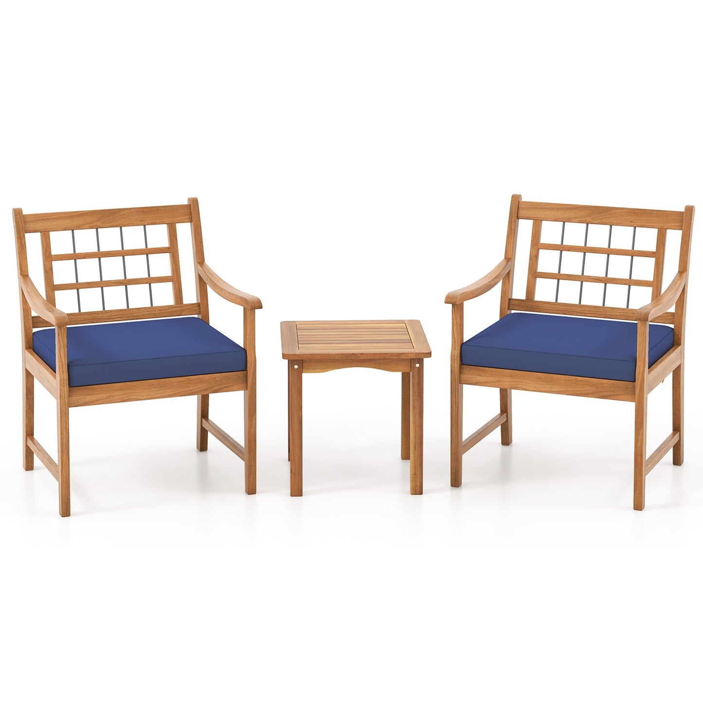 Ensemble de patio en bois 3 pièces, cadre en acacia, coussins, marine