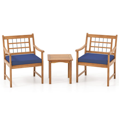 Ensemble de patio en bois 3 pièces, cadre en acacia, coussins, marine