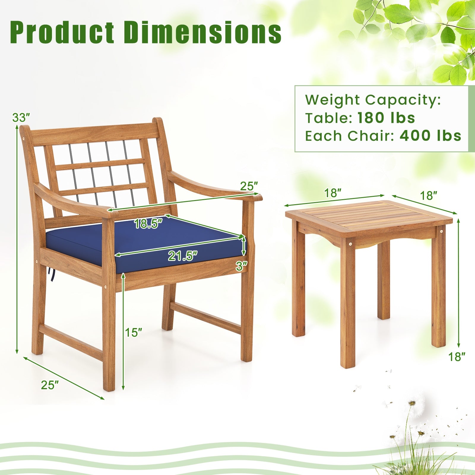 3 Piece Wood Patio Furniture Set with Seat Cushions and Acacia Wood Frame, Navy Patio Conversation Sets at Gallery Canada