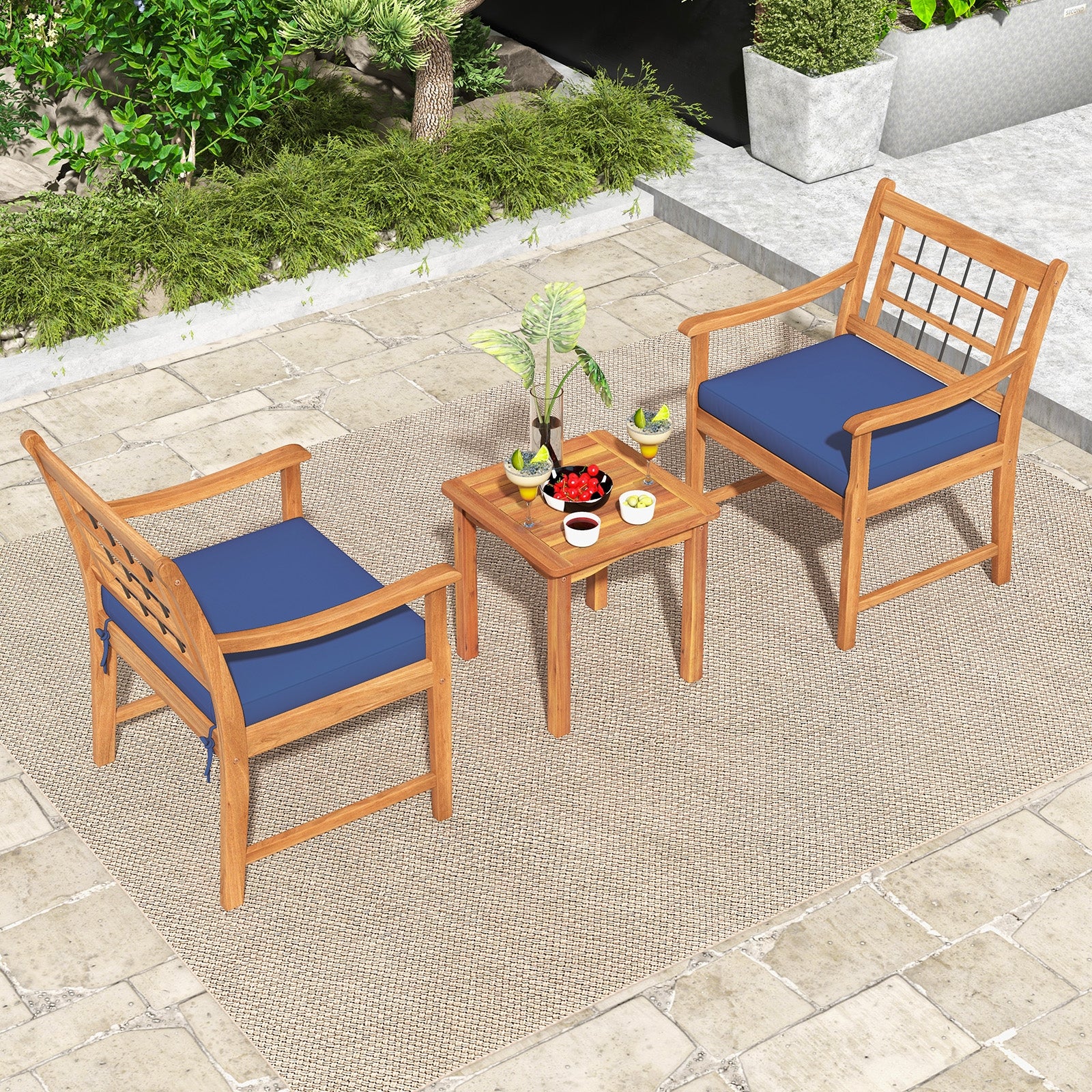 3 Piece Wood Patio Furniture Set with Seat Cushions and Acacia Wood Frame, Navy Patio Conversation Sets at Gallery Canada