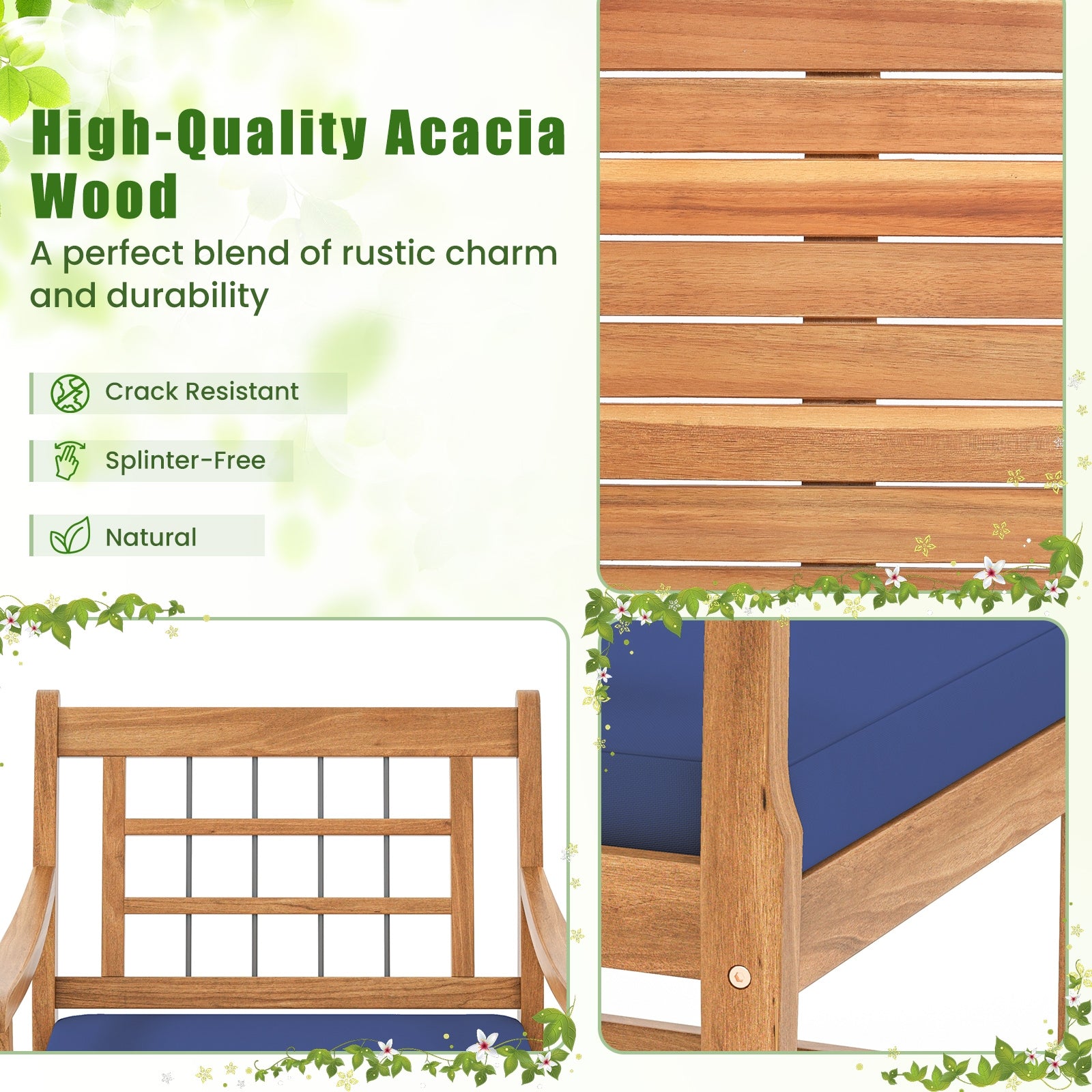 3 Piece Wood Patio Furniture Set with Seat Cushions and Acacia Wood Frame, Navy Patio Conversation Sets at Gallery Canada