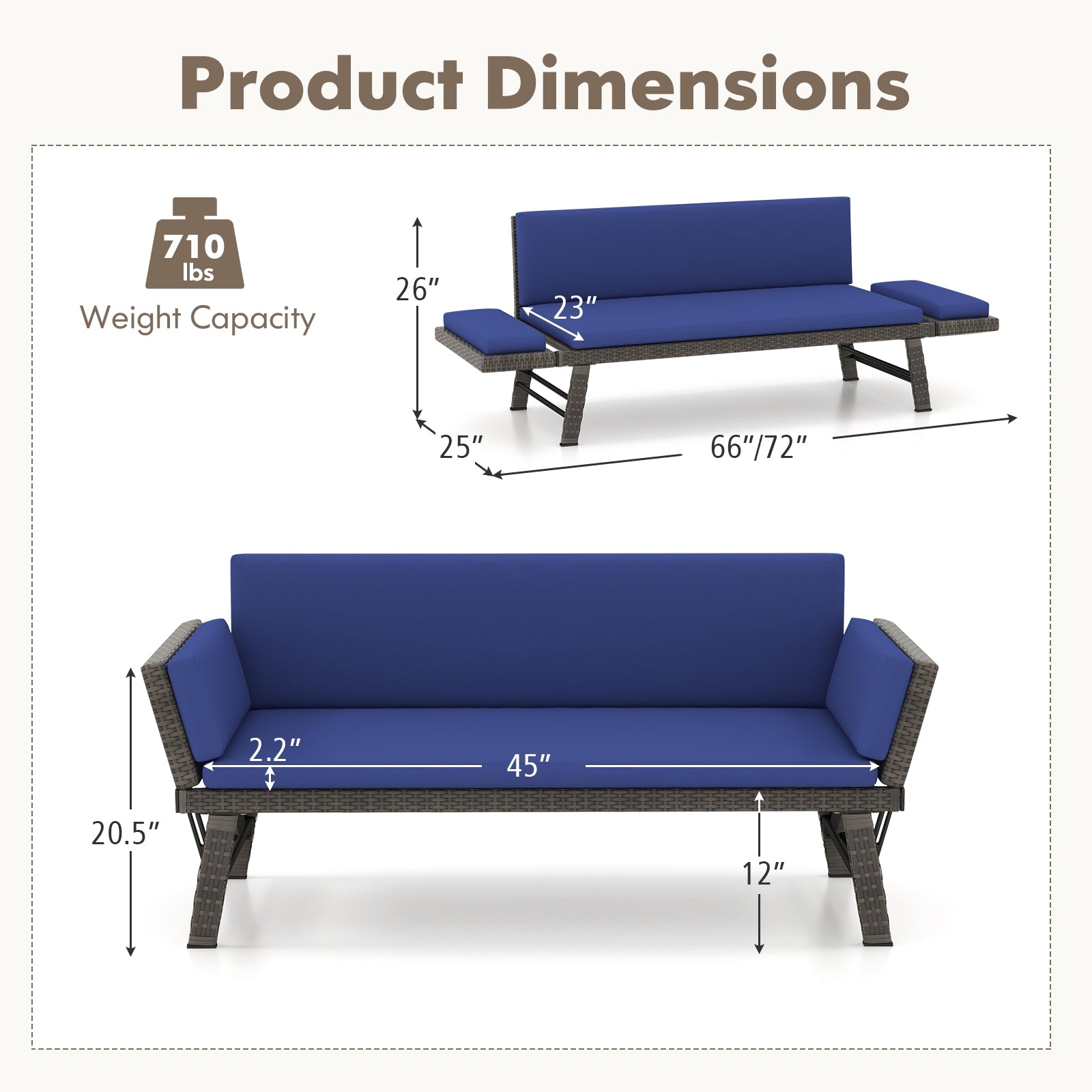 Outdoor Convertible Sofa Daybed with Adjustable Armrests for Balcony, Navy Patio Conversation Sets at Gallery Canada