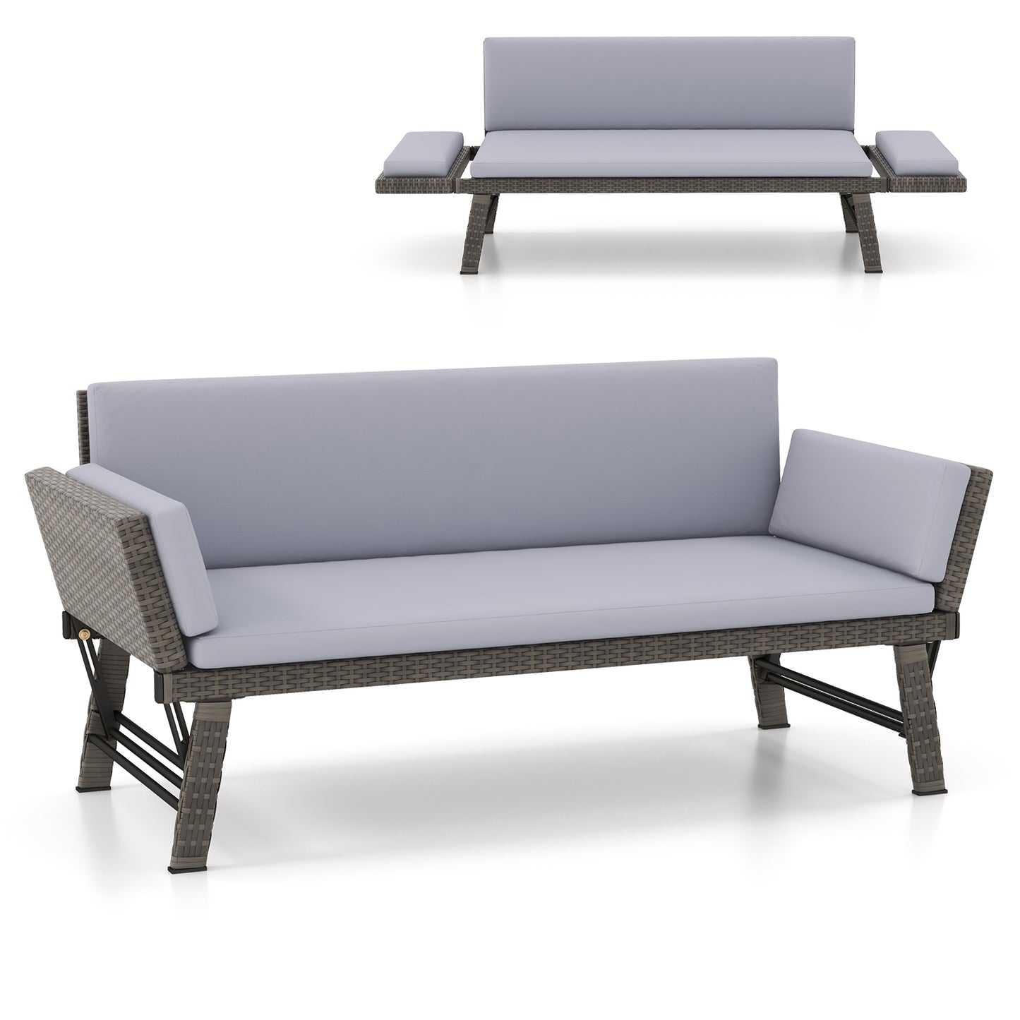 Outdoor Convertible Sofa Daybed, Adjustable Armrests, Gray