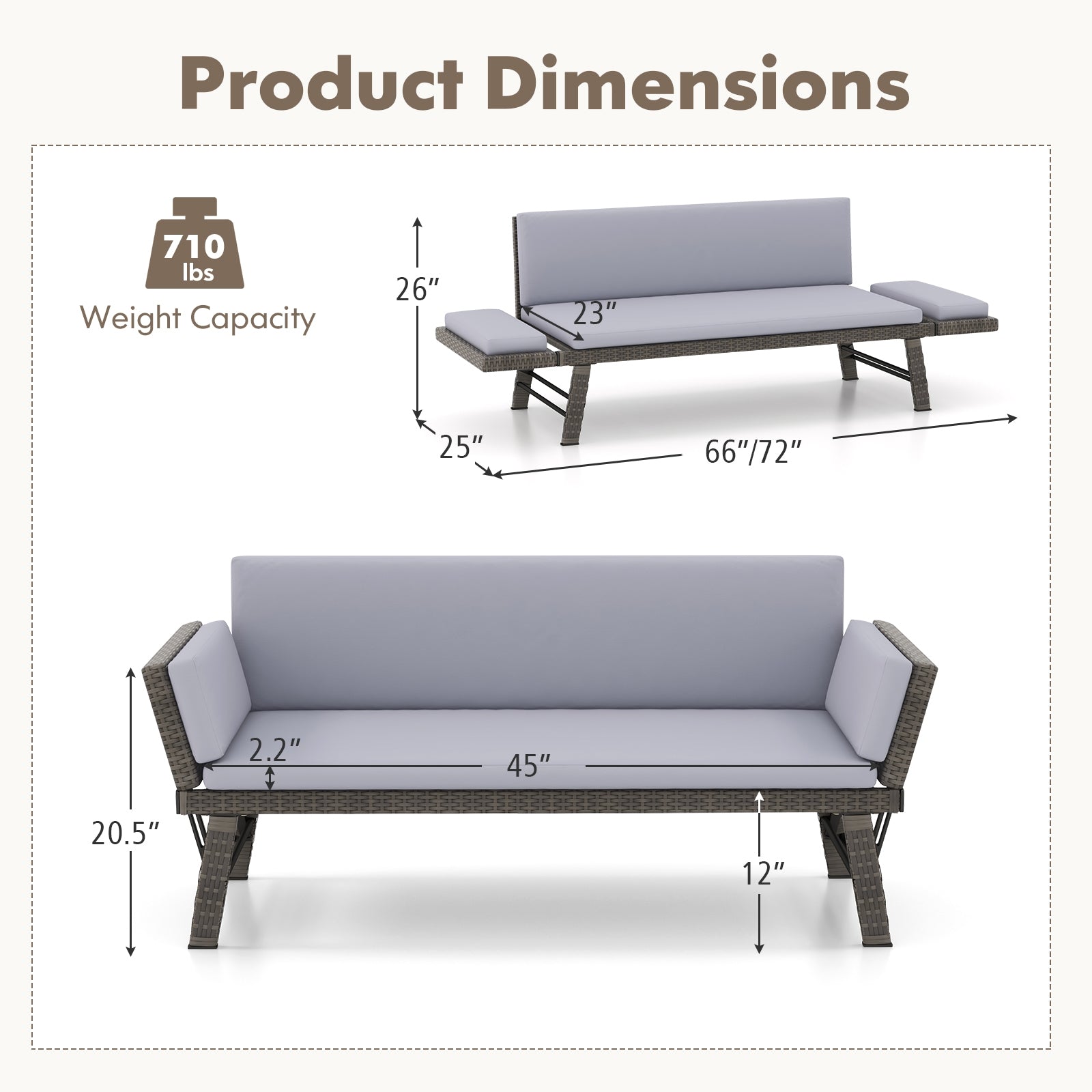 Outdoor Convertible Sofa Daybed with Adjustable Armrests for Balcony, Gray Patio Conversation Sets at Gallery Canada