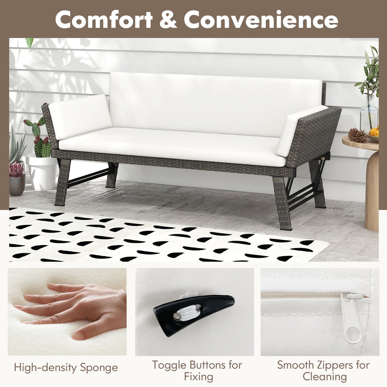 Outdoor Convertible Sofa Daybed with Adjustable Armrests for Balcony, Off White Patio Conversation Sets at Gallery Canada