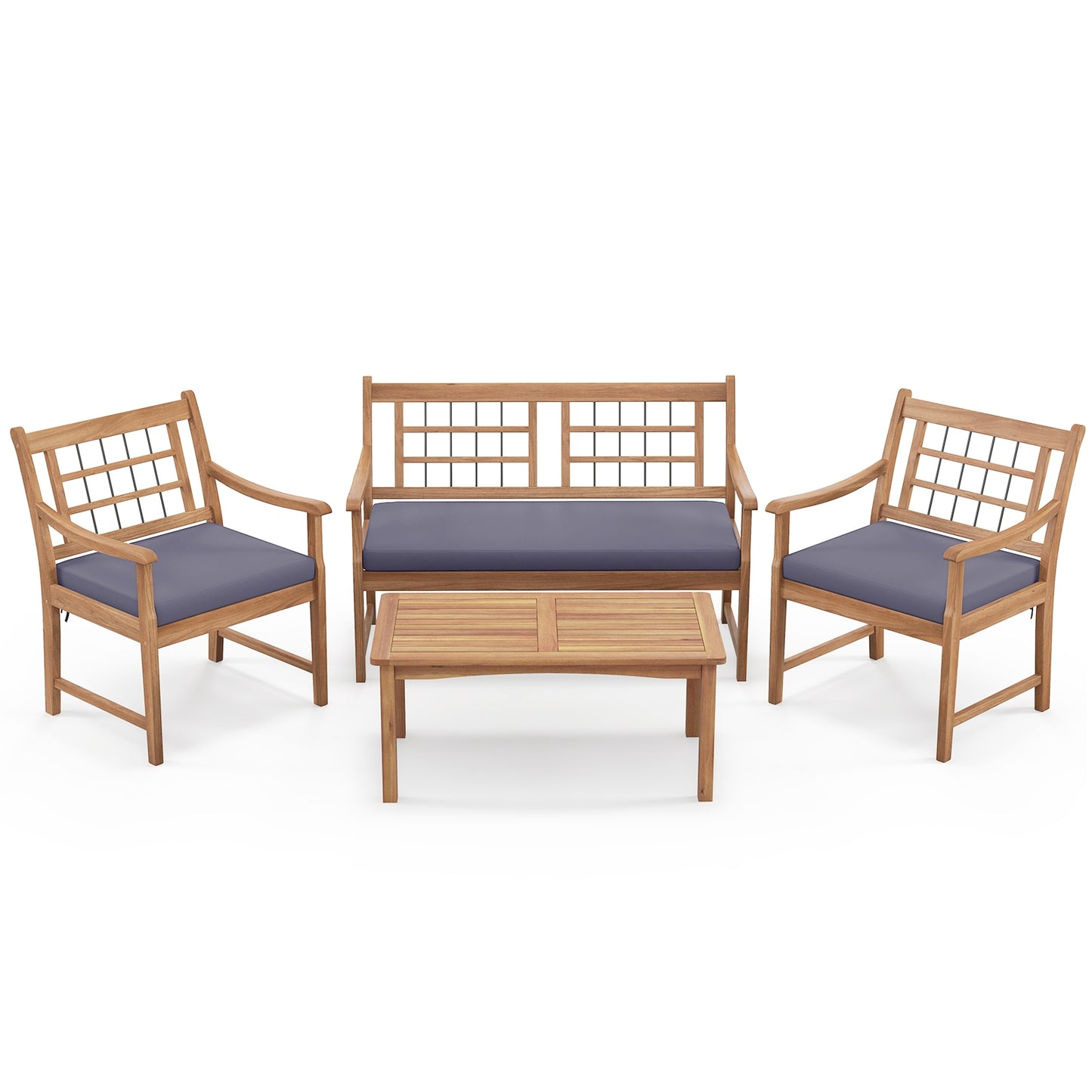 4 Pièces de Mobilier de Patio en Bois, Fauteuils Canapé d'Amour Table Basse, Gris