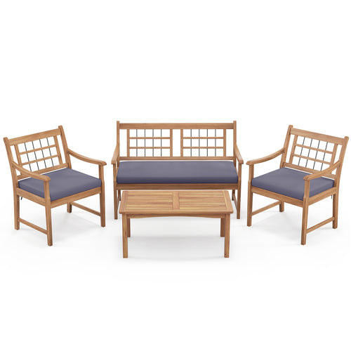 4 Piece Wood Patio Furniture, Armchairs Loveseat Coffee Table, Gray