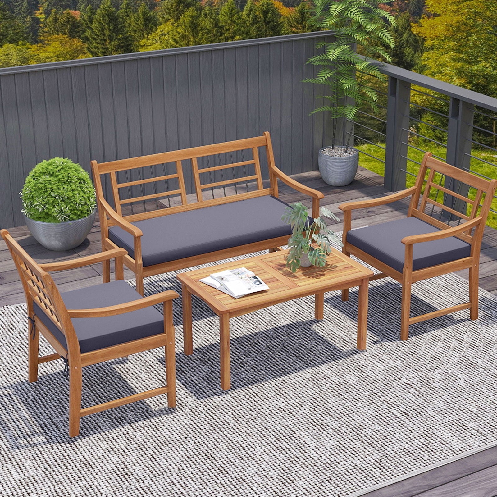 4 Piece Wood Patio Furniture with Armchairs Loveseat and Coffee Table, Gray Patio Conversation Sets at Gallery Canada