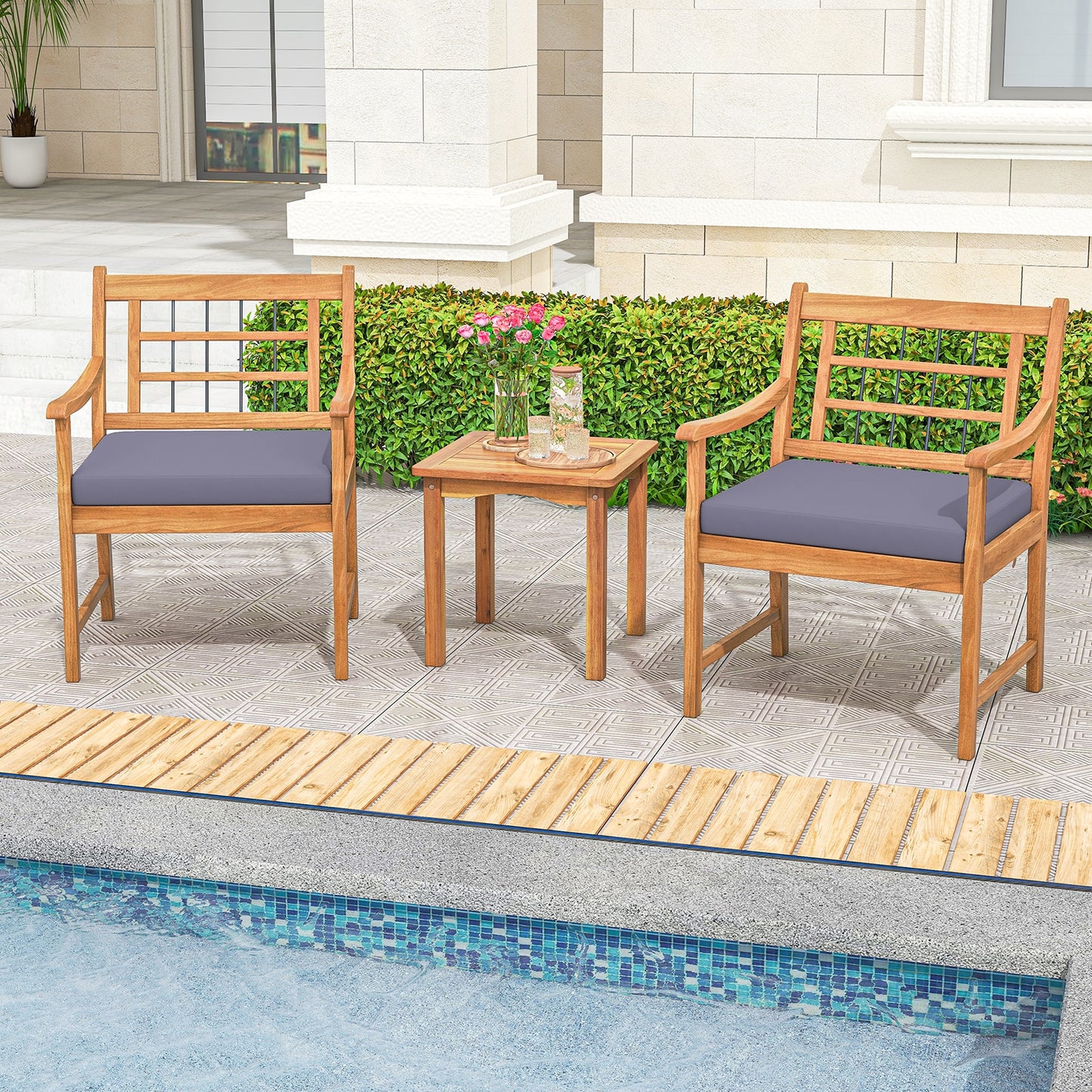 3 Piece Wood Patio Furniture Set with Seat Cushions and Acacia Wood Frame, Gray Patio Conversation Sets at Gallery Canada
