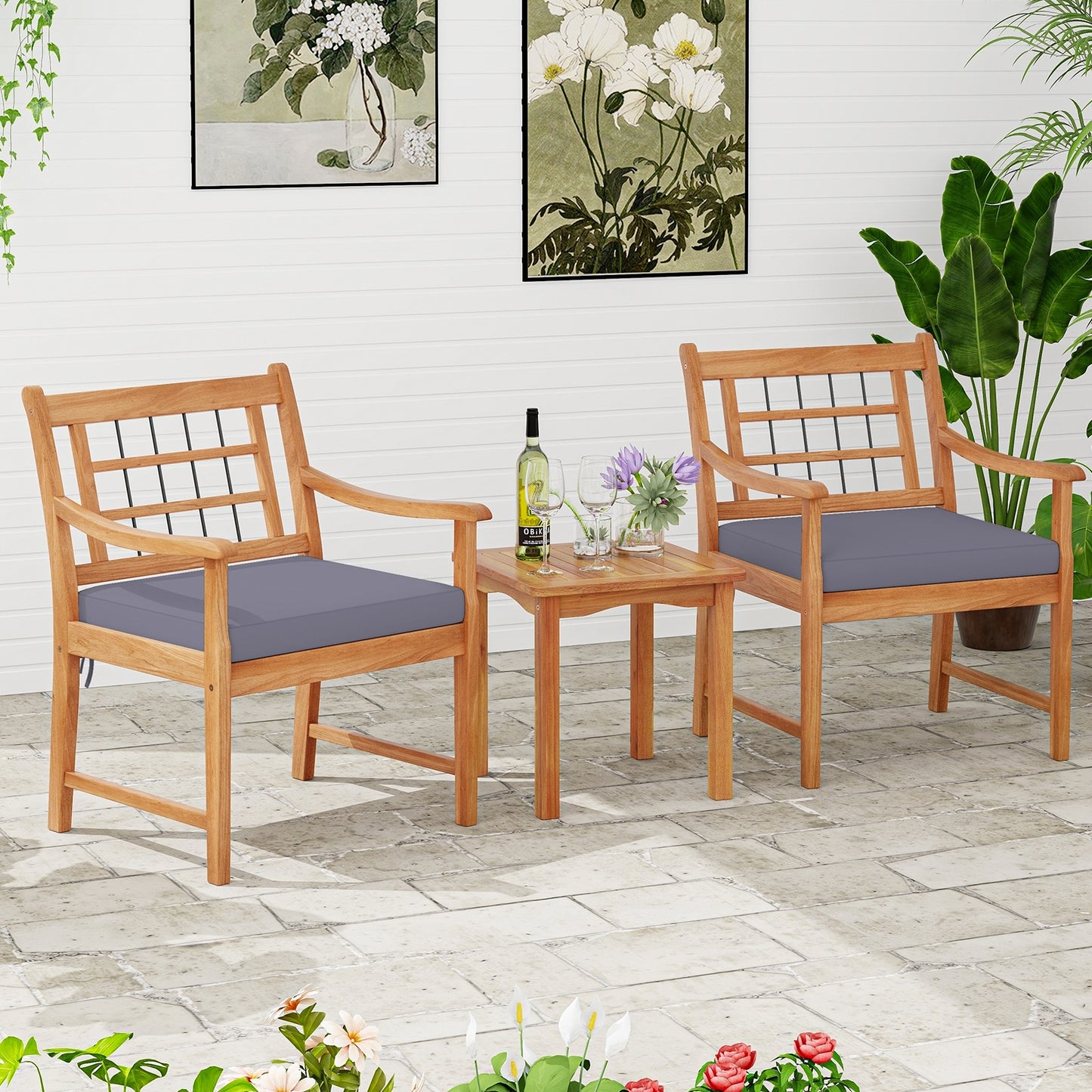 3 Piece Wood Patio Furniture Set with Seat Cushions and Acacia Wood Frame, Gray Patio Conversation Sets at Gallery Canada