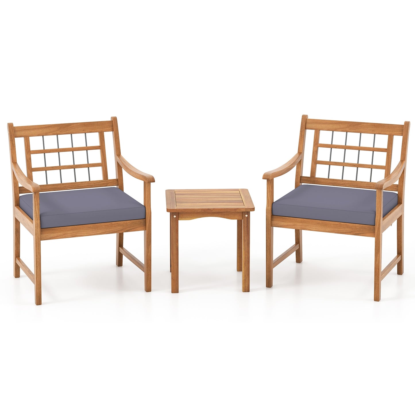 Ensemble de patio en bois 3 pièces, cadre en bois d'acacia, coussins, gris