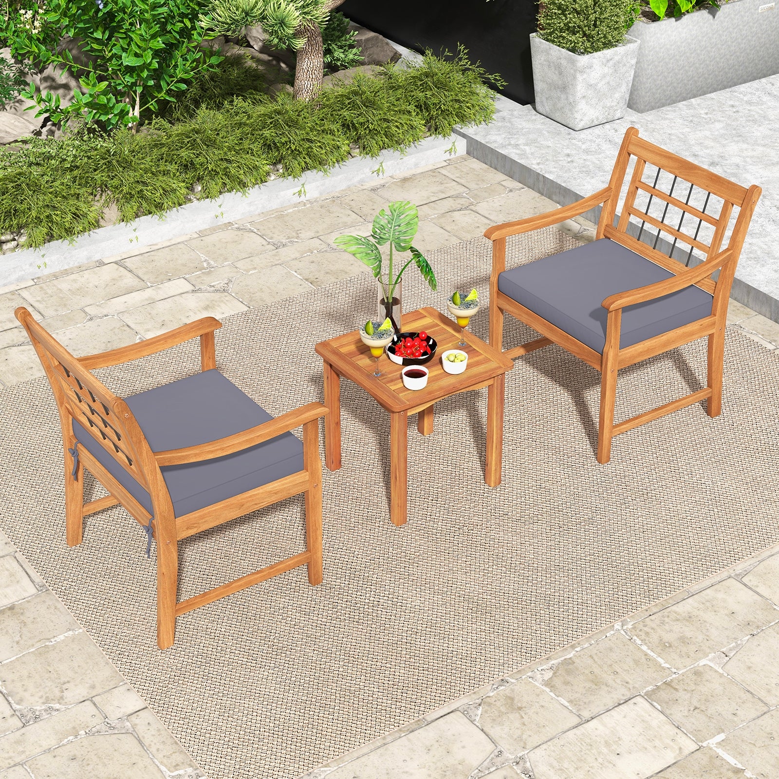 3 Piece Wood Patio Furniture Set with Seat Cushions and Acacia Wood Frame, Gray Patio Conversation Sets at Gallery Canada