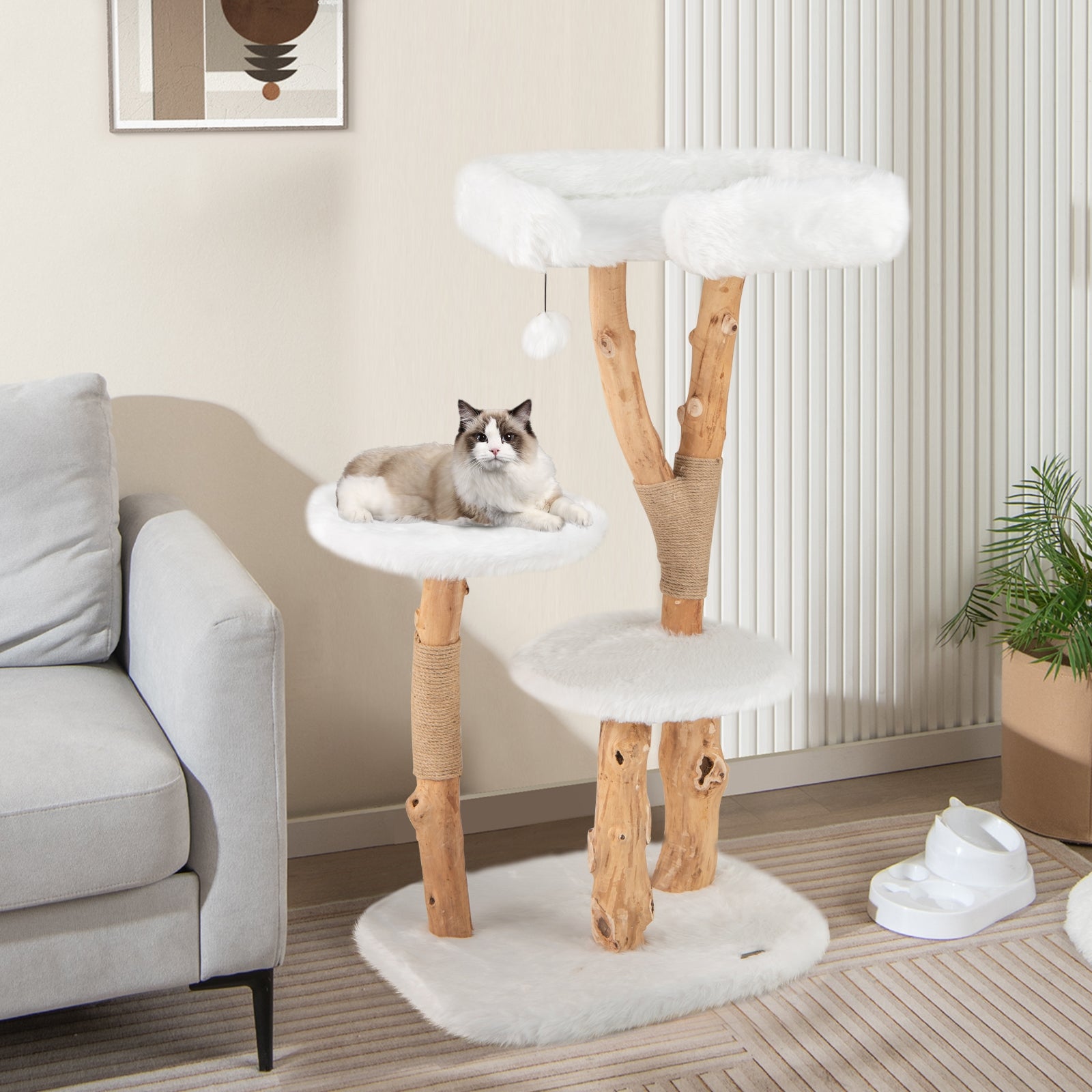 44 Inch Solid Wood Cat Tree, Perch, Natural Jute Scratching Posts, White Cat Trees Condos & Scratchers at Gallery Canada