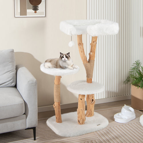 44 Inch Solid Wood Cat Tree, Perch, Natural Jute Scratching Posts, White