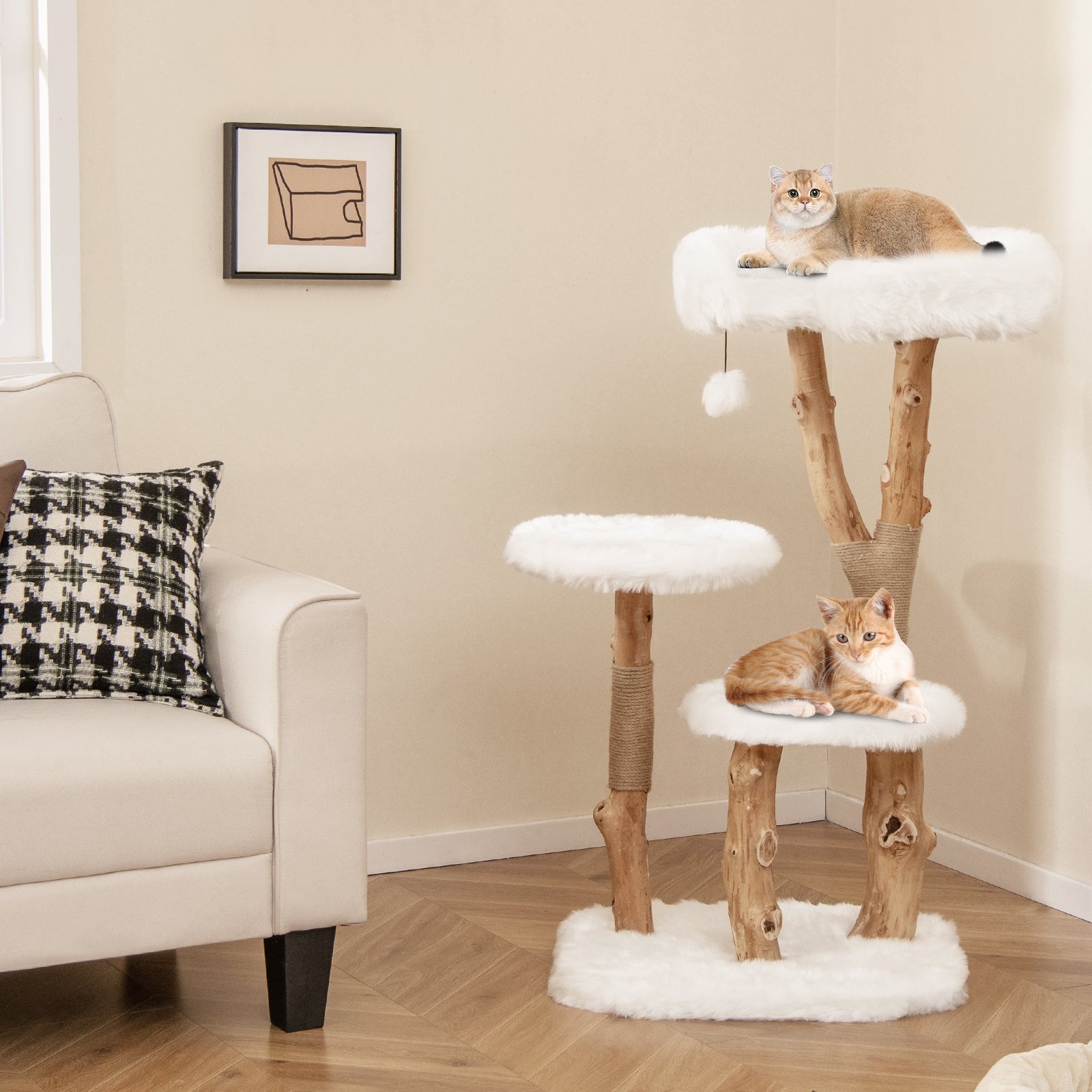 44 Inch Solid Wood Cat Tree, Perch, Natural Jute Scratching Posts, White Cat Trees Condos & Scratchers at Gallery Canada
