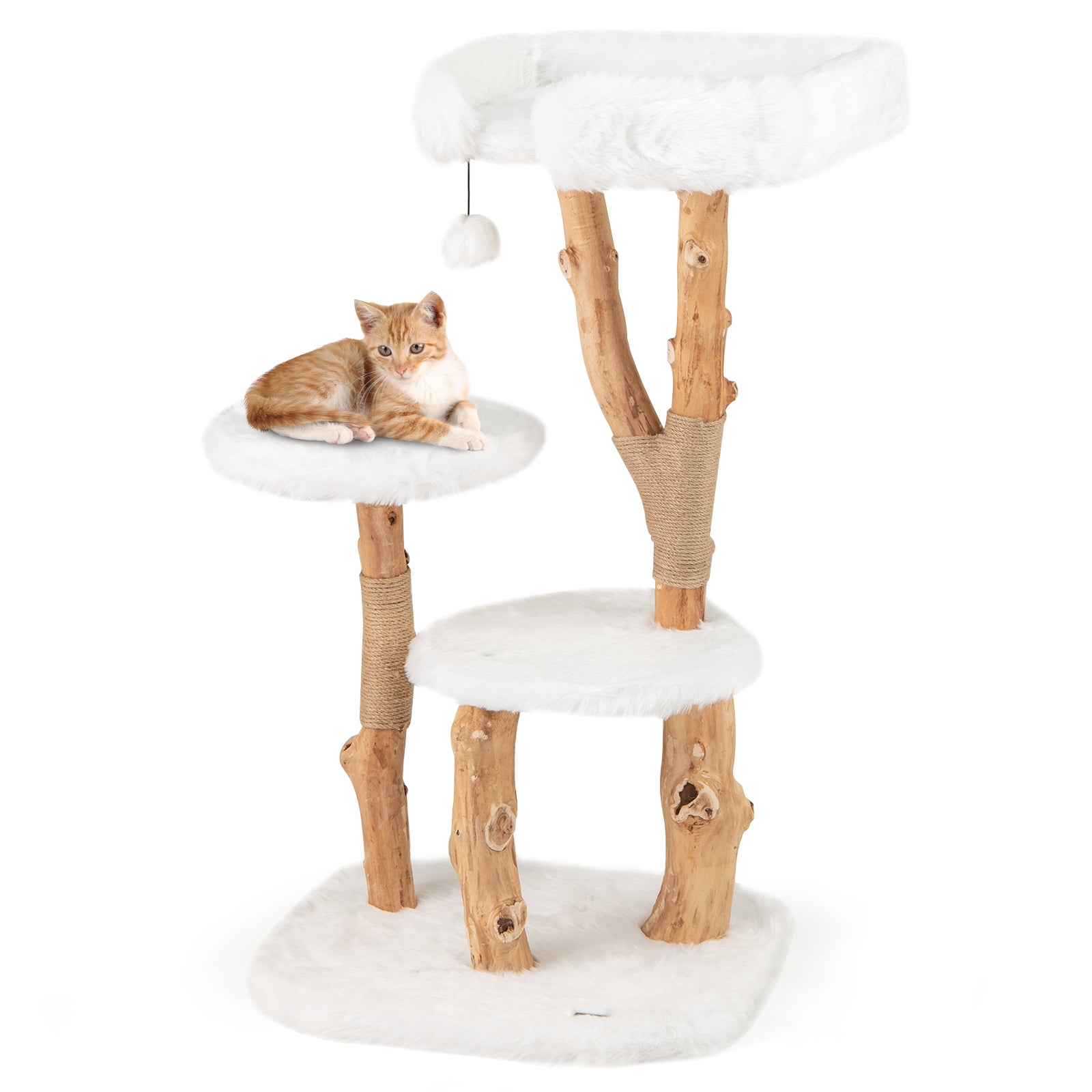 44 Inch Solid Wood Cat Tree, Perch, Natural Jute Scratching Posts, White Cat Trees Condos & Scratchers at Gallery Canada