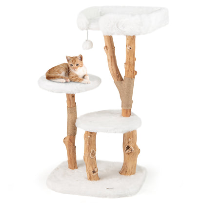 44 Inch Solid Wood Cat Tree, Perch, Natural Jute Scratching Posts, White Cat Trees Condos & Scratchers at Gallery Canada