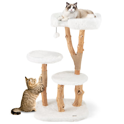 44 Inch Solid Wood Cat Tree, Perch, Natural Jute Scratching Posts, White Cat Trees Condos & Scratchers at Gallery Canada