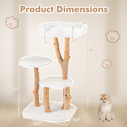 44 Inch Solid Wood Cat Tree, Perch, Natural Jute Scratching Posts, White Cat Trees Condos & Scratchers at Gallery Canada