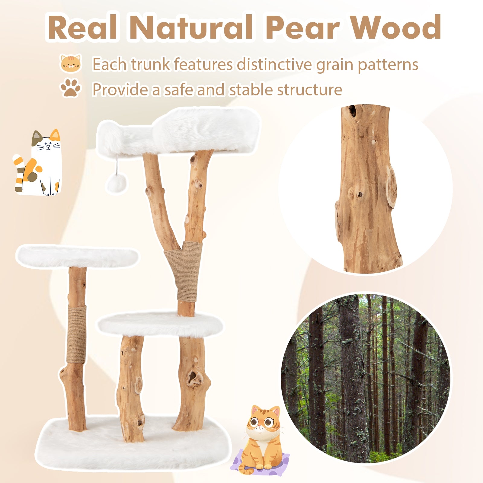 44 Inch Solid Wood Cat Tree, Perch, Natural Jute Scratching Posts, White Cat Trees Condos & Scratchers at Gallery Canada