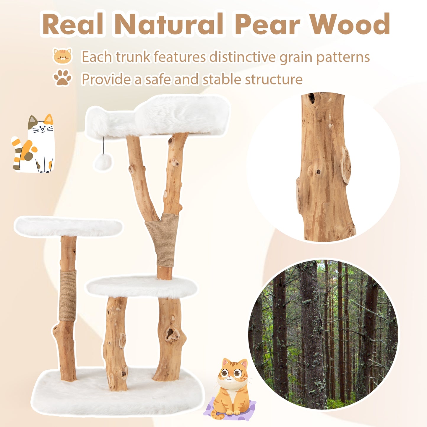 44 Inch Solid Wood Cat Tree, Perch, Natural Jute Scratching Posts, White Cat Trees Condos & Scratchers at Gallery Canada