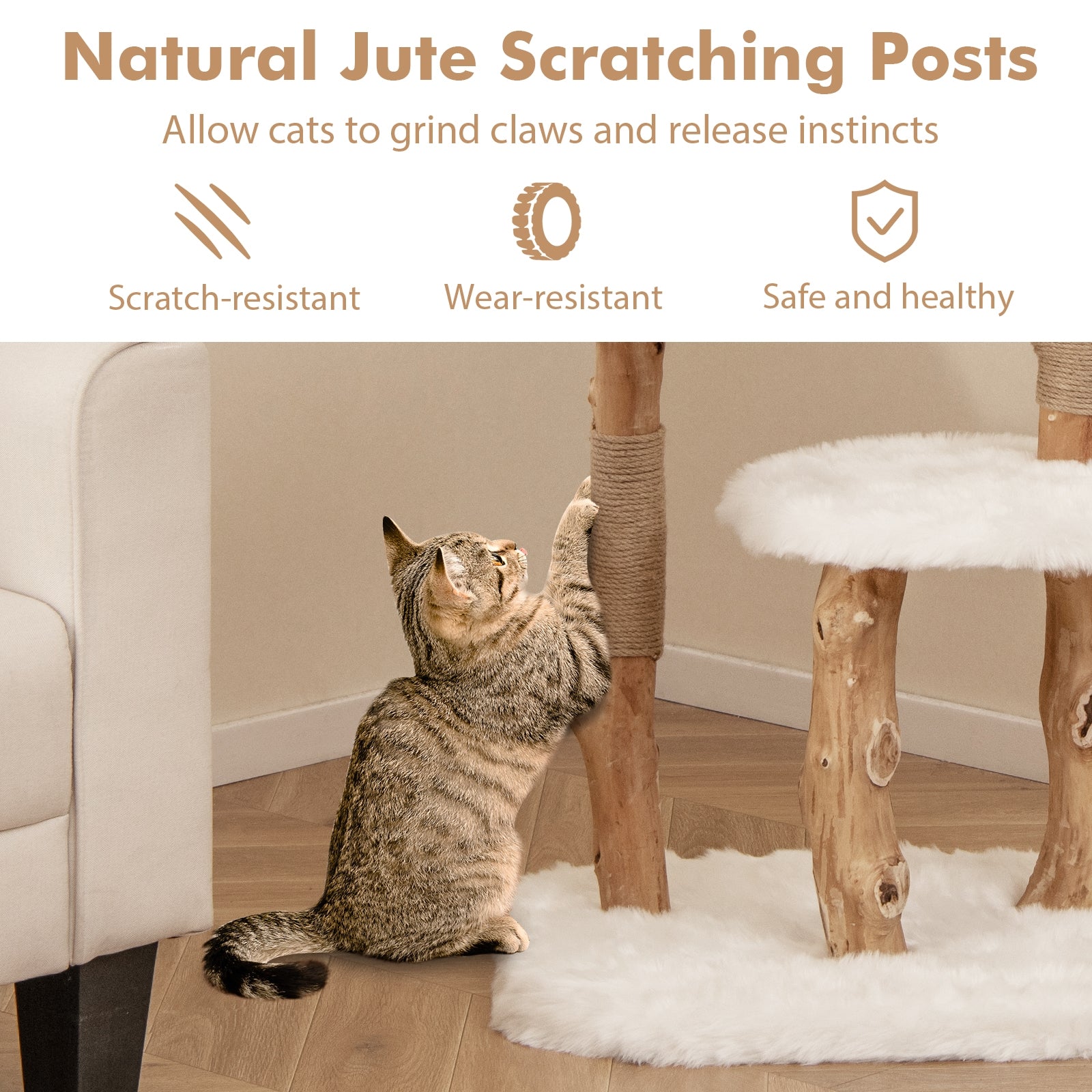 44 Inch Solid Wood Cat Tree, Perch, Natural Jute Scratching Posts, White Cat Trees Condos & Scratchers at Gallery Canada