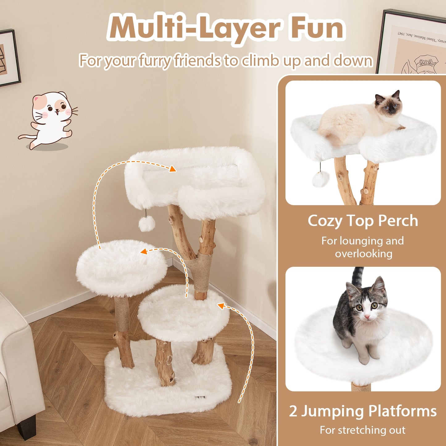 44 Inch Solid Wood Cat Tree, Perch, Natural Jute Scratching Posts, White Cat Trees Condos & Scratchers at Gallery Canada