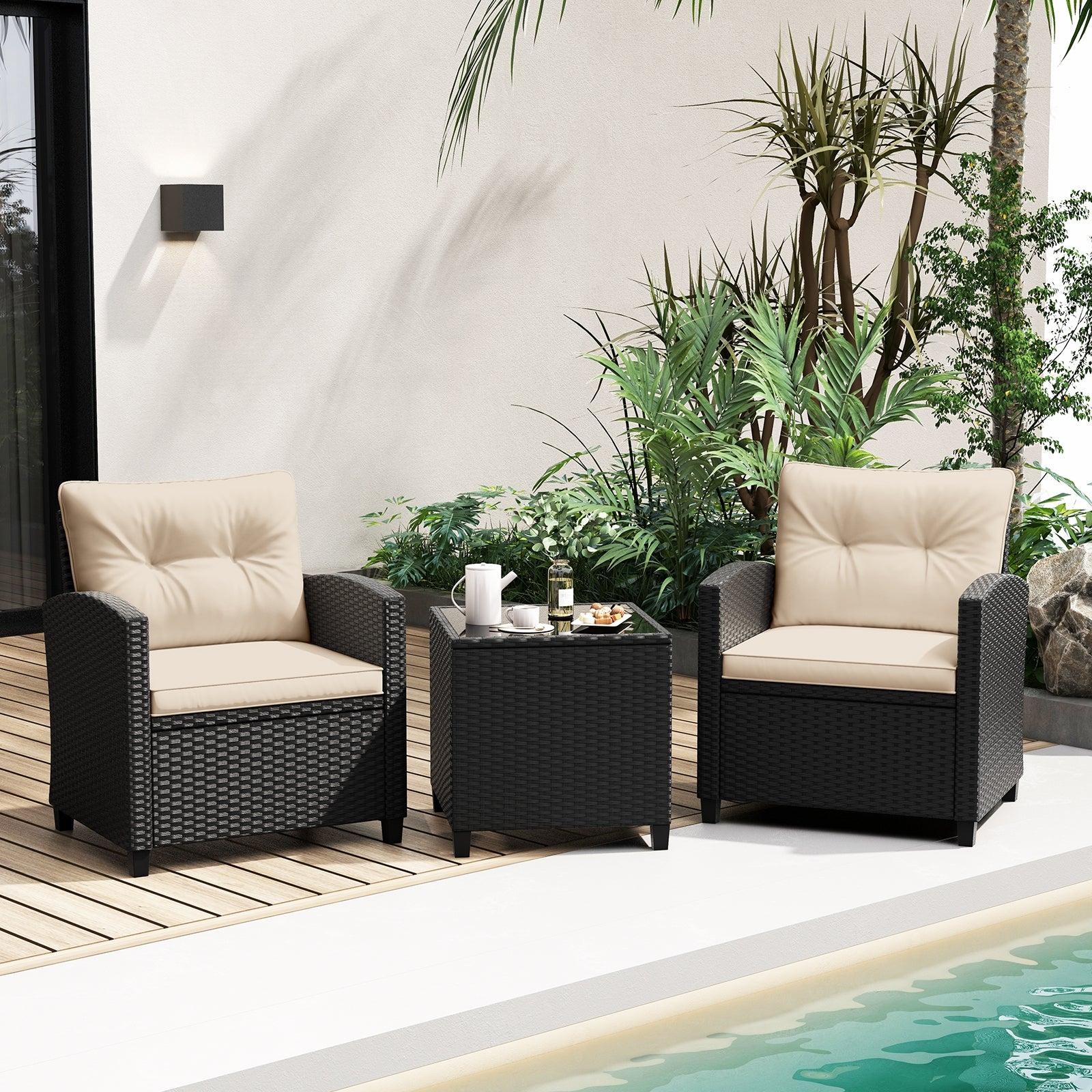 3 Pieces Patio Furniture Set with Tempered Glass Coffee Table, Off White Patio Conversation Sets at Gallery Canada