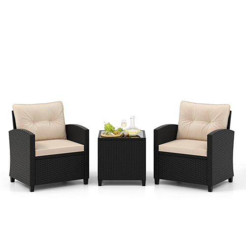 3 Piece Patio Furniture Set, Tempered Glass Coffee Table, Off White