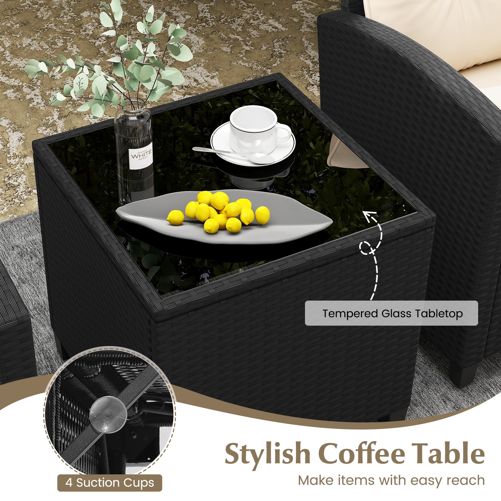 3 Pieces Patio Furniture Set with Tempered Glass Coffee Table, Off White Patio Conversation Sets at Gallery Canada